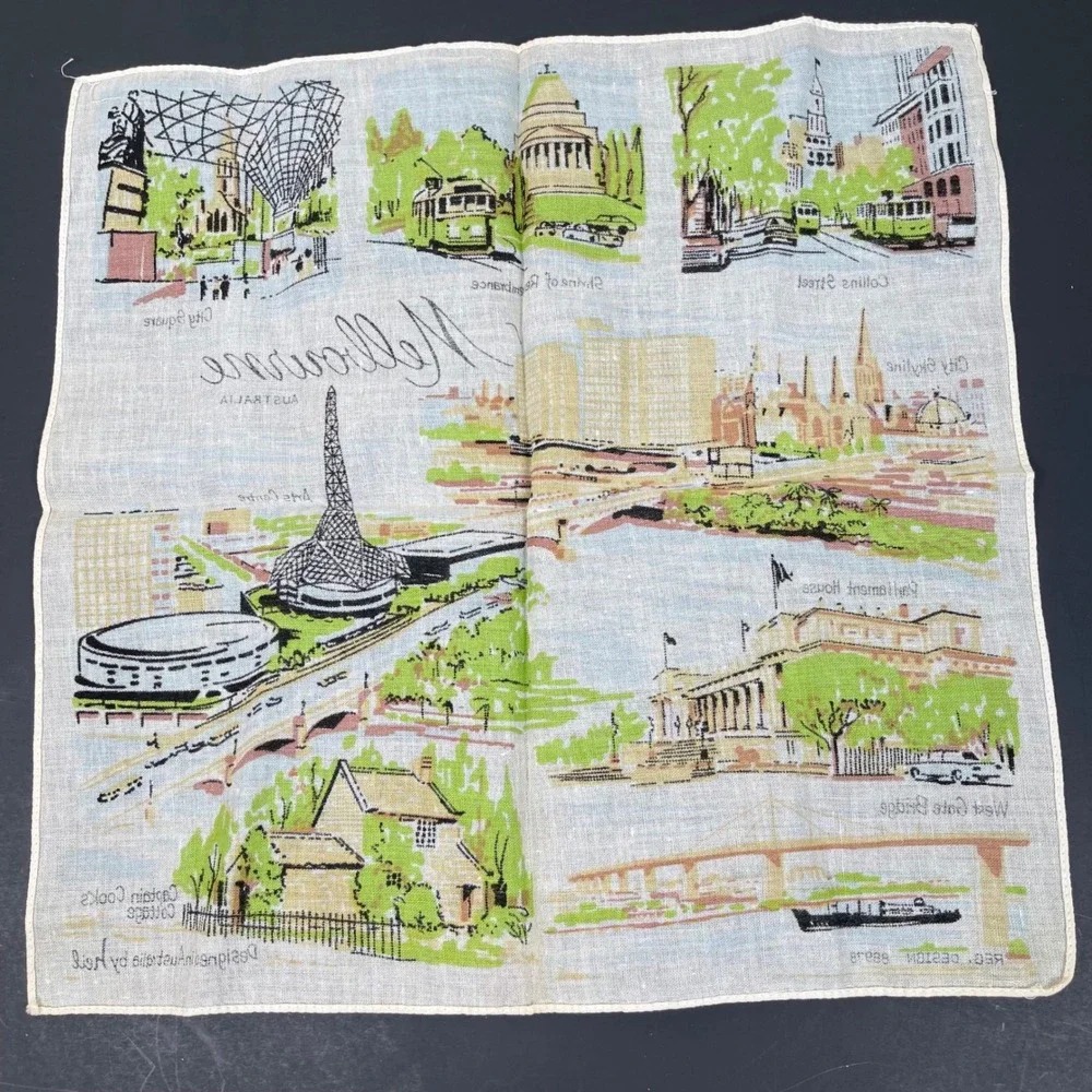 Vintage Melbourne Australia Souvenir Handkerchief Linen Scenic Landmarks 60s 70s